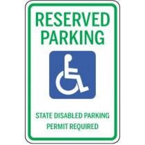 Handicap reserved parking sign with text and icon.