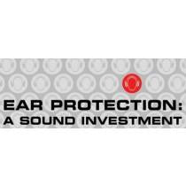 Text 'Ear Protection: A Sound Investment' on a gray background with a red circle.
