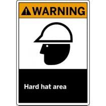 Warning sign with a hard hat icon and text 'Hard hat area' on a black background.