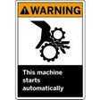 Warning sign indicating a machine starts automatically with a gear symbol.