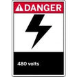 Safety sign with 'DANGER' and lightning bolt symbol indicating 480 volts.