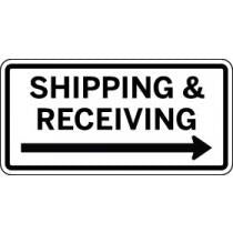 Sign with 'Shipping & Receiving' text and an arrow pointing to the right on a white background.
