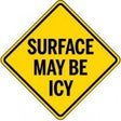 Yellow warning sign with 'SURFACE MAY BE ICY' text on a white background