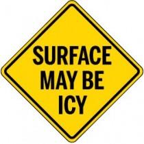 Yellow warning sign with 'SURFACE MAY BE ICY' text on a white background
