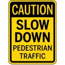 Caution sign warning of pedestrian traffic on a yellow background