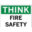 Safety sign with 'THINK FIRE SAFETY' text on a white background