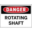 Safety sign warning about a rotating shaft with red, black, and white colors.