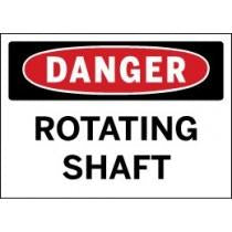 Safety sign warning about a rotating shaft with red, black, and white colors.