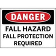 Safety sign warning of fall hazard and requiring fall protection.