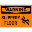 Warning sign for slippery floor with a falling person symbol on an orange background