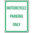 Motorcycle parking only sign with green text on a white background