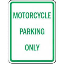 Motorcycle parking only sign with green text on a white background