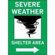 Severe weather shelter area sign with right arrow – green background and white tornado graphic