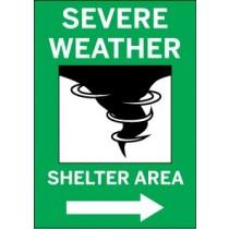 Severe weather shelter area sign with right arrow – green background and white tornado graphic