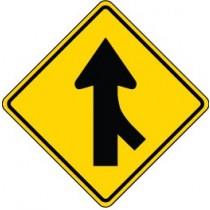 Yellow traffic sign with black arrow on a white background