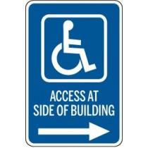 Handicap access sign with wheelchair icon and text 'Access at Side of Building' on a white background