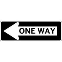 One Way sign with an arrow pointing left on a white background