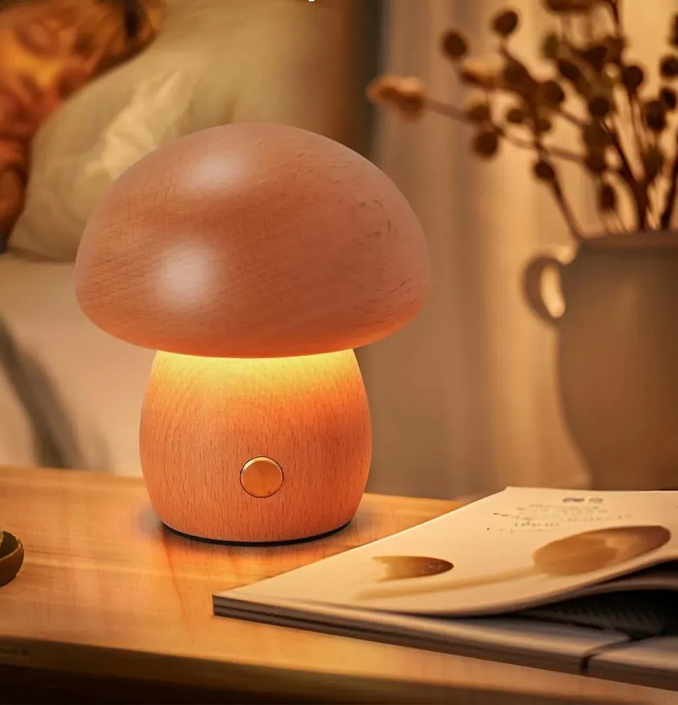 Wooden Dimmable Touch Bedroom Nightstand LED Mushroom Lamp
