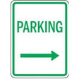 Parking sign with green text 'parking' with arrow pointing right