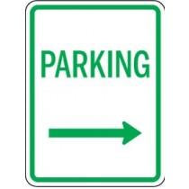 Parking sign with green text 'parking' with arrow pointing right