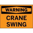 Warning sign with 'CRANE SWING' text on an orange background