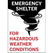 Emergency shelter sign for hazardous weather conditions with a black tornado icon on a white background.