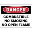 Safety sign warning of combustible materials and prohibiting smoking and open flames.