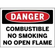 Safety sign warning of combustible materials and prohibiting smoking and open flames.