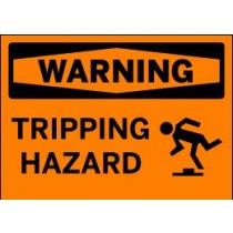 Warning sign indicating a tripping hazard with a black and orange color scheme.