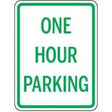 One hour parking sign with green text on a white background