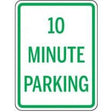 Sign indicating 10 minute parking with green text on a white background