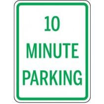 Sign indicating 10 minute parking with green text on a white background