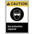 Safety sign with 'Caution' and 'Eye protection required' text on a white background