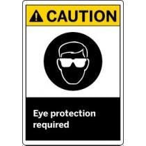 Safety sign with 'Caution' and 'Eye protection required' text on a white background
