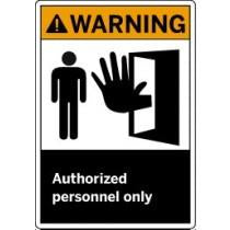 Warning sign with a graphic of a person and hand opening a door, labeled 'Authorized personnel only'.
