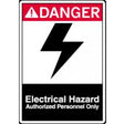 Danger electrical hazard sign with a lightning bolt symbol on a white background