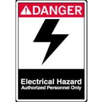 Danger electrical hazard sign with a lightning bolt symbol on a white background