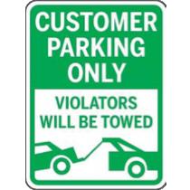 Green and white parking sign with text 'Customer Parking Only, Violators Will Be Towed'.