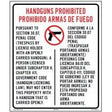 Sign prohibiting handguns with text and symbols in Spanish and English.