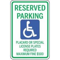 Handicap reserved parking sign with text and icon.
