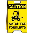 Caution sign warning of forklifts on a yellow background