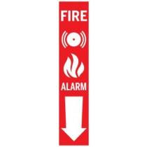 Fire alarm symbol with an arrow pointing downwards on a red background