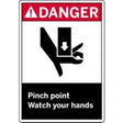 Safety sign warning about pinch points and advising to watch hands.