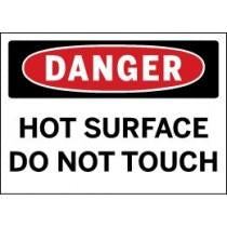Safety sign warning of hot surfaces with red border and black text.