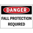 Safety sign with 'Danger' and 'Fall Protection Required' text on a white background