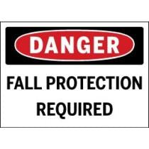 Safety sign with 'Danger' and 'Fall Protection Required' text on a white background