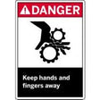 Safety sign with warning symbol and text 'Keep hands and fingers away' on a white background.