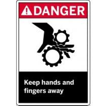 Safety sign with warning symbol and text 'Keep hands and fingers away' on a white background.