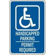 Handicapped parking permit required sign with wheelchair icon on a blue background