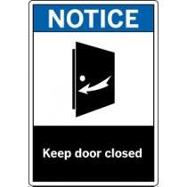 Notice sign with a door icon and text 'Keep door closed' on a white background